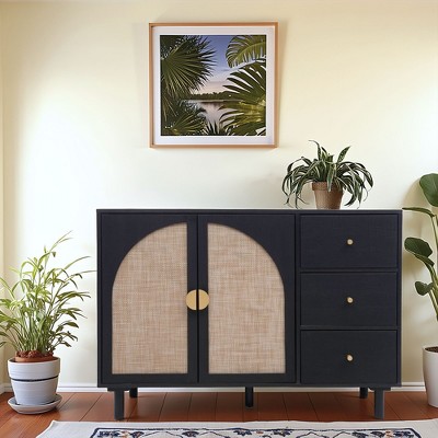 GDFStudio Michael Modern 44.5" Wood and Rattan Storage Cabinet with 2 Doors and 3 Drawers