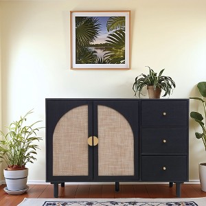 GDFStudio Michael Modern 44.5" Wood and Rattan Storage Cabinet with 2 Doors and 3 Drawers - 1 of 4