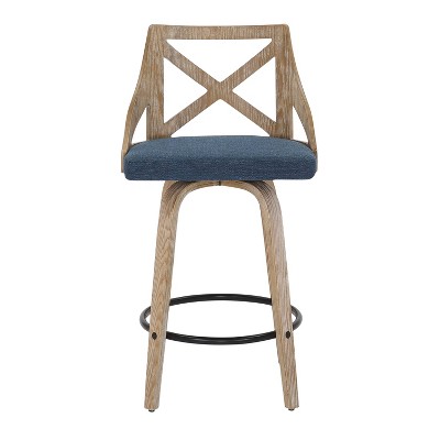Set of 2 Blue Swivel Counter Height Stools with Wood Frame