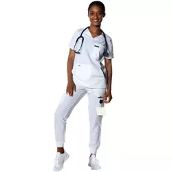 Members Only Womens Scrub Top With Double Chest And Pouch Pocket -  White - 2X-Large