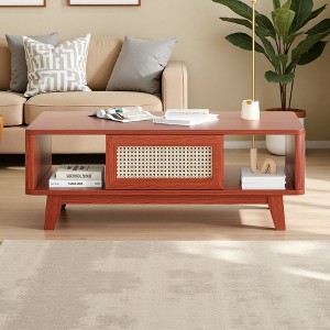 Wood Mid-Century Square Coffee Table with Rattan Drawer - 1 of 4