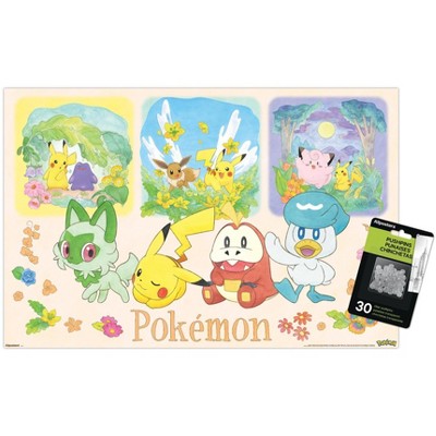 Trends International Pokémon: One Scene - Group Unframed Wall Poster Print Clear Push Pins Bundle 14.725" x 22.375"