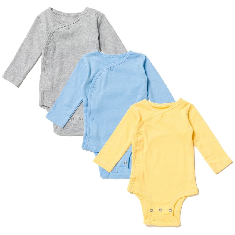 Cozeeme 3 Pack Long Sleeve Bodysuits Blue Grey Yellow Newborn to Infant 
, 1 of 9