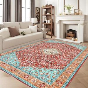 Acekool Red and Green 4x6 Vintage Washable Area Rug, Non Slip Soft Traditional Carpet for Living Room, Bedroom, Dining, Office - 1 of 4