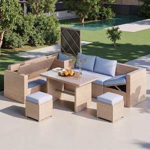 6-Piece Outdoor Rattan Modular Sectional Sofa Set with Adjustable Seat, Storage Box, and Dining Table - 1 of 4