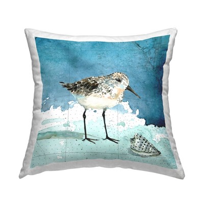 Stupell Industries Sandpiper Bird and Shell Nautical Ocean Map Printed Pillow, 18 x 18