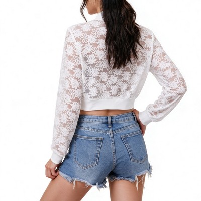 Женские куртки YesFashion Women's Lace Sheer Long Sleeve Zip-Up Cropped Bomber Jacket Trendy Casual Summer Layered Outerwear Lightweight Shirt White XL — фото 4