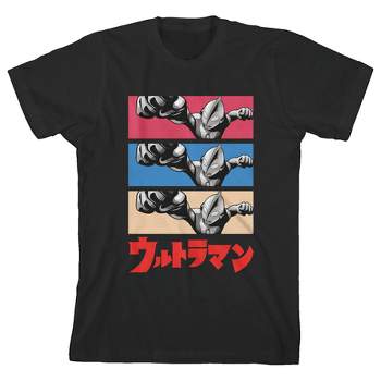 Ultraman Monochrome Hero In Colored Panels Crew Neck Short Sleeve Boy's Black T-shirt