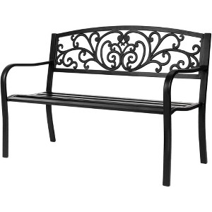 VINGLI Outdoor Metal Bench w/PVC Floral Pattern Back, 2-Person Black Steel Bench, All-Weather Garden Bench for Park Porch Entryway - 1 of 4