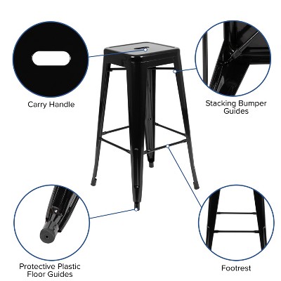 Black Metal Backless Indoor Bar Stools, Set of 4
