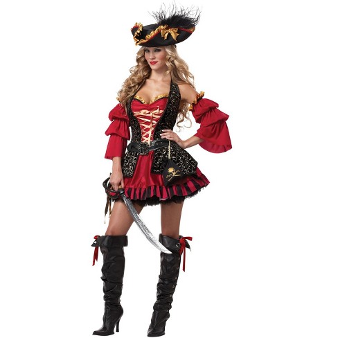 Red Pirate Costume Hat with Feather for Adults