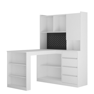 Vynxaria White L-Shaped Corner Desk with Charging Station (2 USB, 3 Outlets) 2-in-1 Desk and Storage Cabinet, Large Workspace