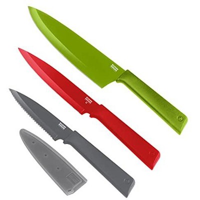 KUHN RIKON COLORI Set messen Prep groot, 3-delig, 1 x wapenmes recht lemmet, 2 x bewapenmessen gekartelde messen, roestvrij staal, met lemmetbescherming, anti-aanbaklaag, rood, geel en groen