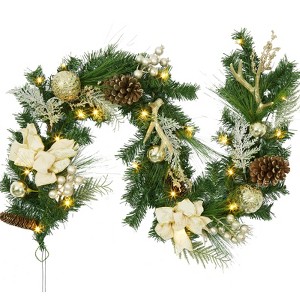 6FT Pre-Lit Christmas Garland  with 20 LED Lights, Bow-Knot Ball Ornaments, Battery Operated with Timer for Mantle & Staircase Decoration - 1 of 4
