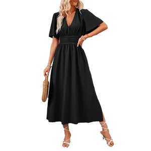 Womens Bell Sleeve Midi Dress Faux Wrap Emprie Waist Smocked Dress Formal Guest Dress A Line Side Slit Maxi Garden Party Dress - 1 of 4