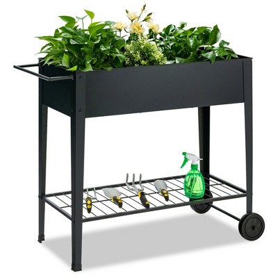 Costway Raised Garden Bed Elevated Planter Box on Wheels Steel Planter w/Shelf