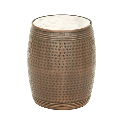 Olivia & May Farmhouse Drum Style Side Table Brown: Marble Top, Iron Frame, No Assembly Required