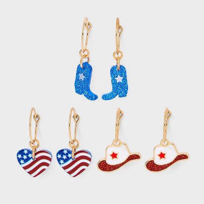 Americana Heart Boot and Hat Hoop Earring Set 3pc - Red/White/Blue