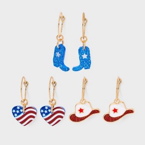 Americana Heart Boot and Hat Hoop Earring Set 3pc - Red/White/Blue - 1 of 3