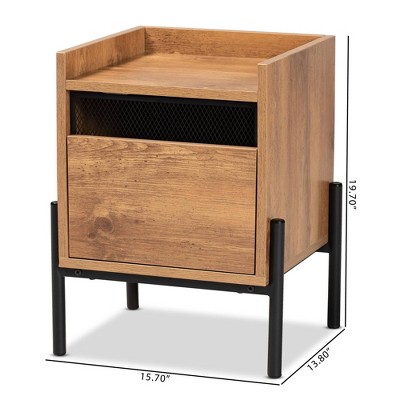 Tasman Natural Brown Wood and Black Metal End Table with Storage