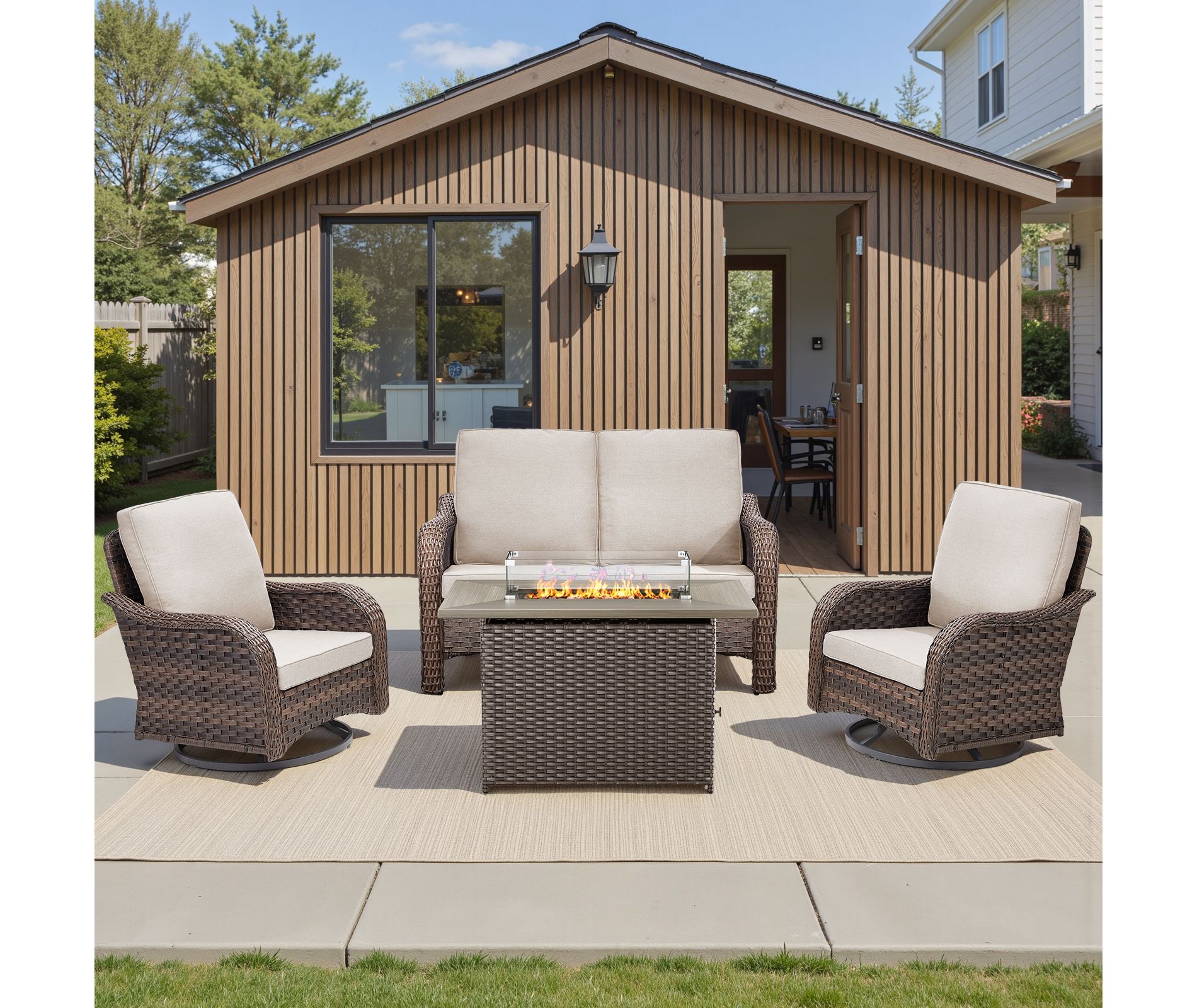 Buenhomino 4-Piece Wicker Patio Furniture Set, All-Weather Rattan Conversation Bistro Loveseat Chair and Fire Pit Set for Backyard, Balcony and Deck