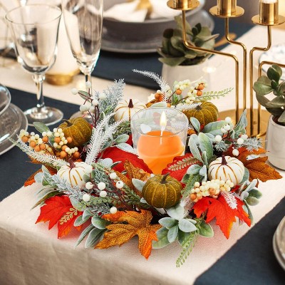 GAOMON 20 Inch Fall Wreath for Front Door, Autumn Pumpkin Wreath with White Green Pumpkins Maple Leaves Lamb Ear Leaves