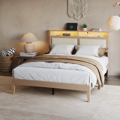 Queen Bed Frame with Headboard Upholstered Corduroy Bedframe with LED Lights and Charging Station Frame with Storage Shelf and Under Bed Storage