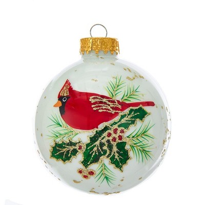 Kurt Adler 80MM White With Cardinal Glass Ball Ornaments, 6-Piece Box