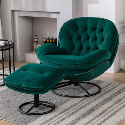 CAVINAS Modern Velvet Accent Chair with Ottoman, Armless Upholstered Lounge Chair with Black Metal Legs for Living Room or Bedroom