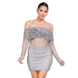 Slickblue Women's Sheer Off-Shoulder Crop Top, Shirred Fishnet Design, Festival Style, Black/Grey & Silver/Tan, Size S-L - 1 of 4