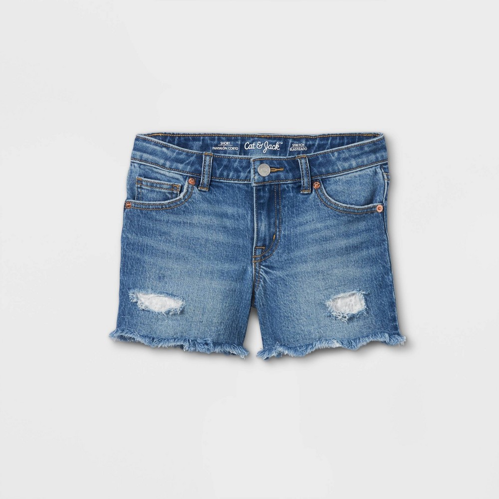 Girls' Destructed Jean Shorts - Cat & Jack Medium Wash L Plus