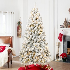 DOMETOUR Pre-lit Snow Flocked Christmas Tree Artificial Xmas Tree with Branch Tips and Warm Incandescent Lights - 1 of 4