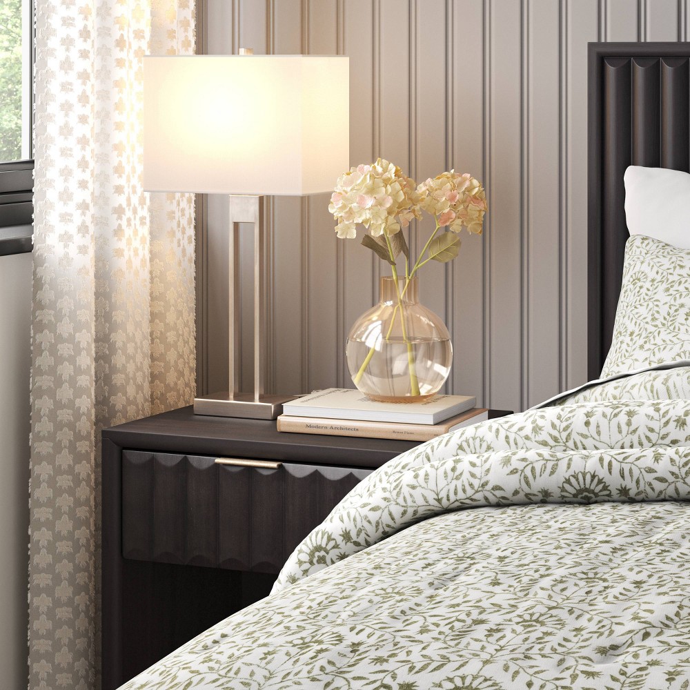 Window Pane Table Lamp with USB Nickel - Threshold: Modern Metal Body, Linen Cylinder Shade, ETL Listed