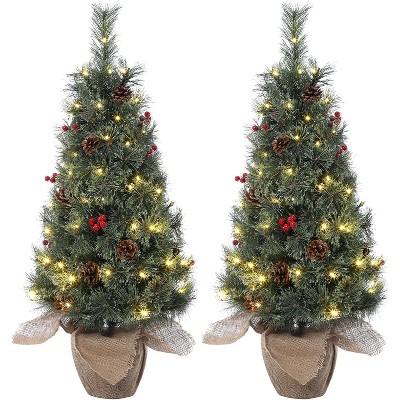 Coucheta 3ft Pre-Lit Flocked Artificial Christmas Tree with LED Lights, Red Berries & Snowflakes, Vintage Pot Base