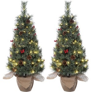 Pre-Lit Artificial Christmas Tree Tabletop with 78 Warm White Lights, Flocked Potted Christmas Tree with Berry Clusters, Battery Operated - 1 of 4