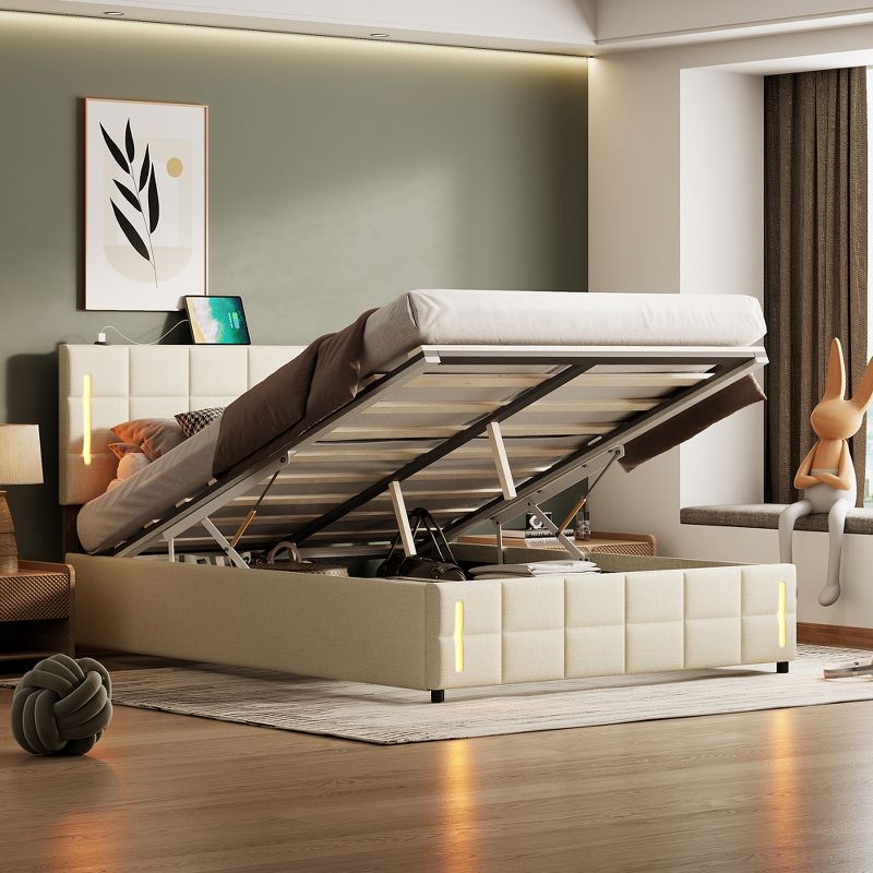 Full/Queen Size Upholstered Bed with Hydraulic Storage System and LED Light - ModernLuxe, 2 of 13