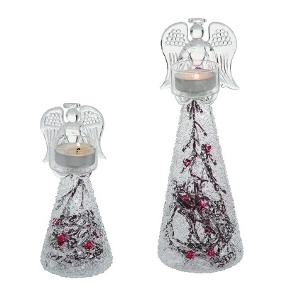 Transpac Glass 9 in. Clear Christmas Twig Angel Tealight Holders Set of 2
