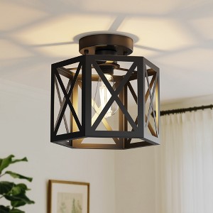 DORESshop 8 in. 1-Light Matte Black Industrial Semi Flush Mount Ceiling Light, Metal Cage Farmhouse Light for Entryway, Hallway - 1 of 4