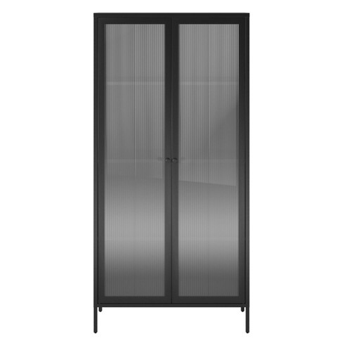 2-Shelf Black Steel Pantry Organizer Entryway Storage Cabinet with Glass Doors for Kitchen