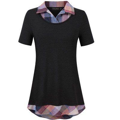 YESFASHION Women's Short Sleeve Contrast Collared Shirts Patchwork Work Blouse Tunics Tops