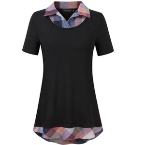 YESFASHION Women's Short Sleeve Contrast Collared Shirts Patchwork Work Blouse Tunics Tops - 1 of 4