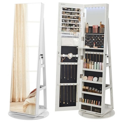 SONGMICS 6 LEDs Lockable Mirror Jewelry Cabinet, Jewelry Organizer, Standing Jewelry Armoire, Frameless Full-Length Mirror, 3 Storage Shelves