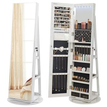 SONGMICS 360° Swivel Mirror Jewelry Cabinet Standing 6 LEDs Jewelry Armoire Box Organizer with Full Length Mirror