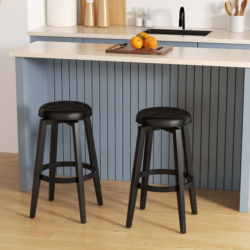 Costway 26"/30" Swivel Bar Stool Set of 2 Upholstered Counter/Bar Height Rubber Wood Frame Black, 2 of 10