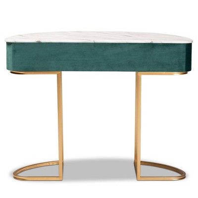 Luxurious Green Velvet and Gold 40" Console Table with Faux Marble Top