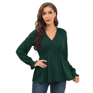 Women's Puff Long Sleeve Peplum Tunic Tops Lace Trim V Neck Ruffle flowy Shirt - 1 of 4