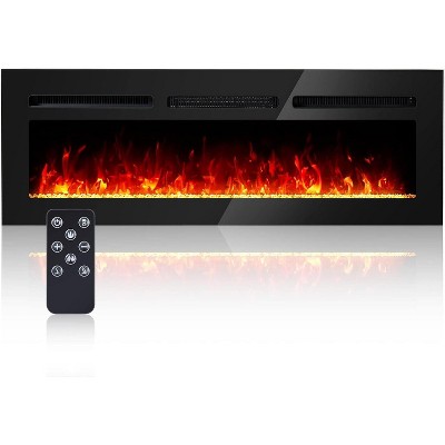 Wall-Mounted Electric Fireplace: Tempered Glass, 12 Flame Colors, Remote, 1500W Heater (5000BTU), 5 Brightness, Timer, Log & Crystal Effects