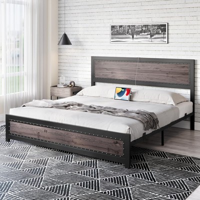 Bed Frame with Charging Station, Industrial Design Platform Bed Frame with Headboard and Metal Slated Frame, No Spring Box Need, Easy Assembly