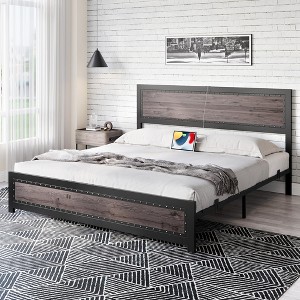 Bed Frame with Charging Station, Industrial Design Platform Bed Frame with Headboard and Metal Slated Frame, No Spring Box Need, Easy Assembly - 1 of 4