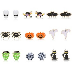 9 Pairs Halloween Stud Earrings Set - Spider Web, Pumpkin, Ghost & Bat Studs for Women's Costume Party - 1 of 4